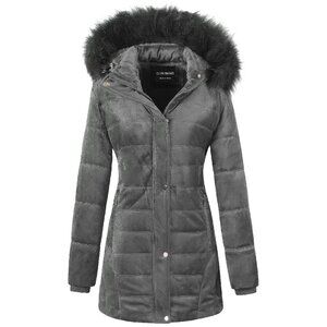 Women's Velvet Puffer Jacket with Faux Fur Hood Quilted Winter Coat